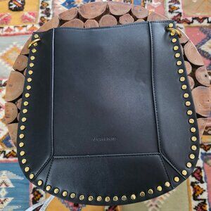 Black Leather Studded Shoulder Bag with Gold Hardware and Strap